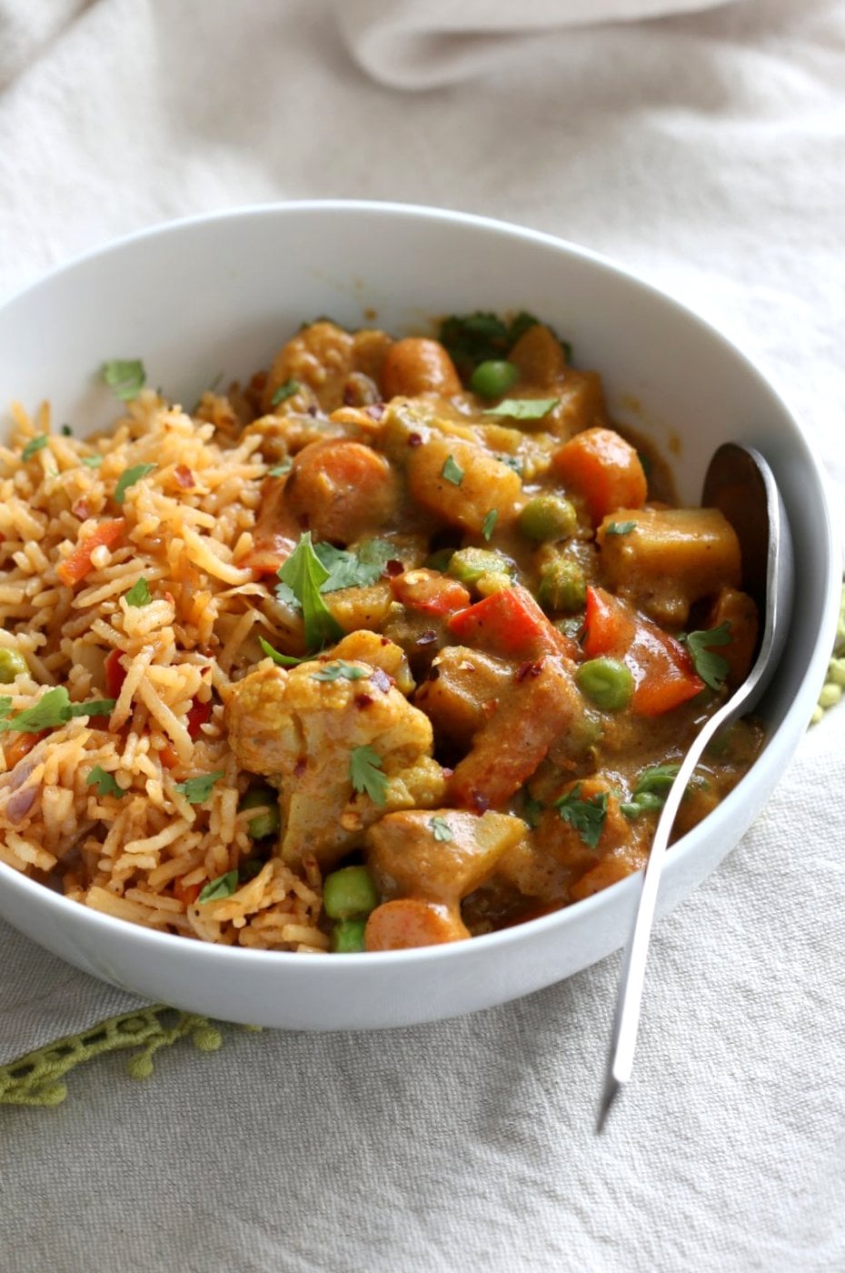 Vegetable Korma - Veggies in Spiced Ginger Chile Sauce. Creamy Indian Korma Recipe made without Onion and garlic. Vegan Indian Gluten-free Soy-free Can be made nut-free. No Onion No Garlic Recipe. #vegan #veganricha