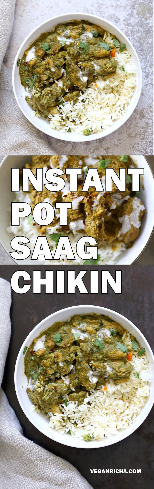 1 Pot Vegan Chicken Saag with Soy Curls. Use seitan, tempeh, baked tofu, chickpeas or chikin substitutes for variation. Instant Pot Soy curls in Spinach Sauce. #Vegan #Glutenfree #Recipe Can be Soy-free and Nut-free #veganricha | VeganRicha.com