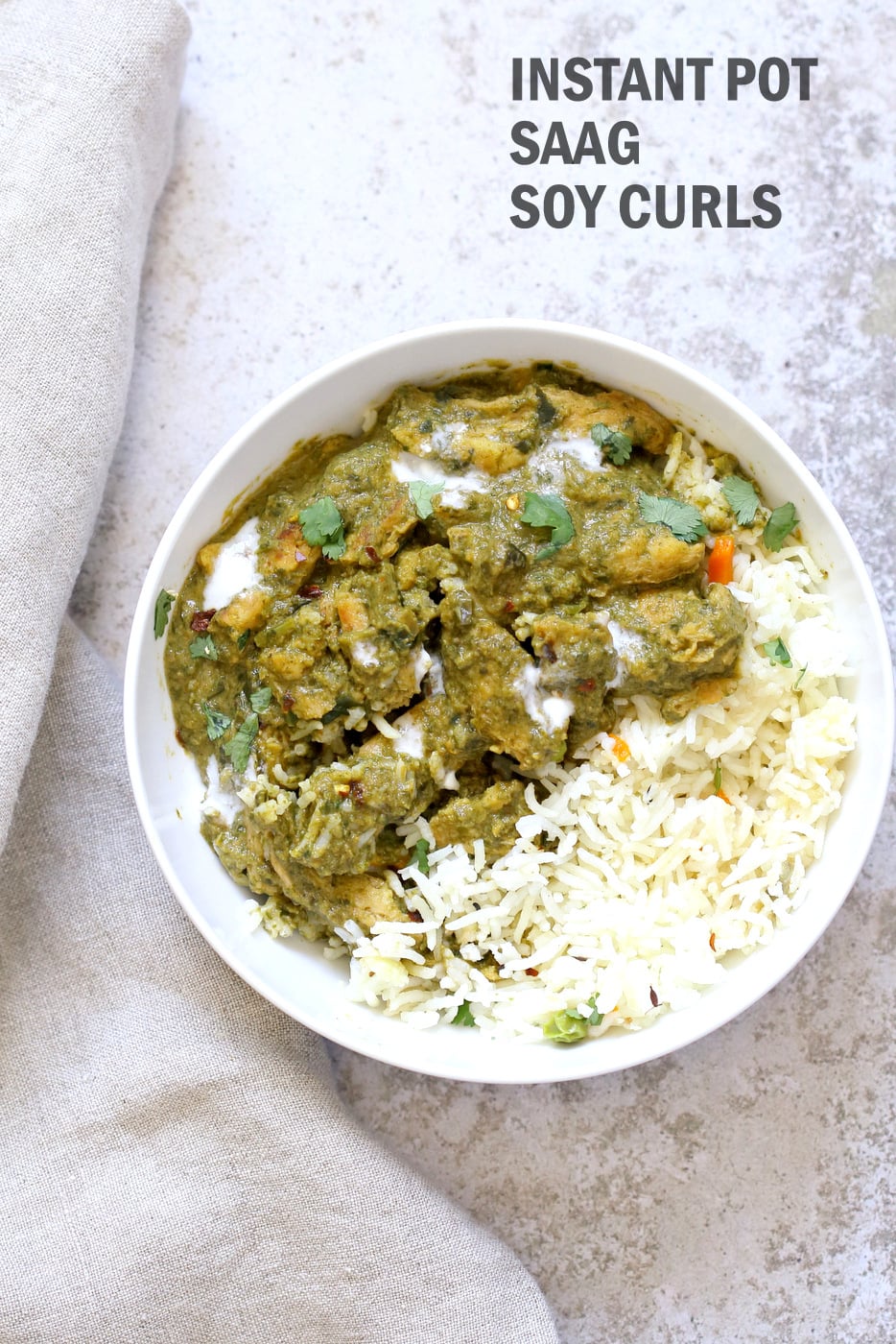 Instant Pot Vegan Chicken Saag with Soy Curls. Use seitan, tempeh, baked tofu, chickpeas or chikin substitutes for variation. Use potatoes to make Saag Aloo. 1 Pot Soy curls in Spinach Sauce. #Vegan #Glutenfree #Recipe Can be Soy-free and Nut-free #veganricha | VeganRicha.com