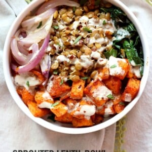 Spiced Sprouted Lentils, Cajun Roasted Sweet Potato Bowl with Veggies, Greens and Tahini Garlic Dressing. Vegan Gluten-free Soy-free Recipe. #vegan #veganricha | VeganRicha.com