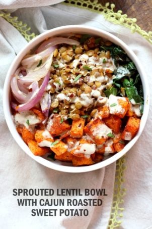 Spiced Sprouted Lentils, Cajun Roasted Sweet Potato Bowl with Veggies, Greens and Tahini Garlic Dressing. Vegan Gluten-free Soy-free Recipe.ย #vegan #veganricha | VeganRicha.com