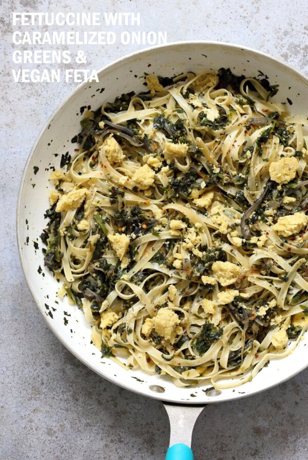 Fettuccine with Caramelized Onions, Greens and Vegan Feta - ish cheese. Easy Weeknight meal. Make the cheese ahead, then the dish is 1 Pot and 30 minutes. #Vegan, can be Gluten-free, Soy-free #veganricha | VeganRicha.com