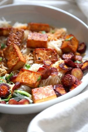 Baked Chili Garlic Tofu, Carrot, Chard and Noodle Bowls. Easy Weeknight Meal. Add some toasted cashews and other veggies of choice. #Glutenfree Nut-free #Vegan #Recipe #veganricha | VeganRicha.comย