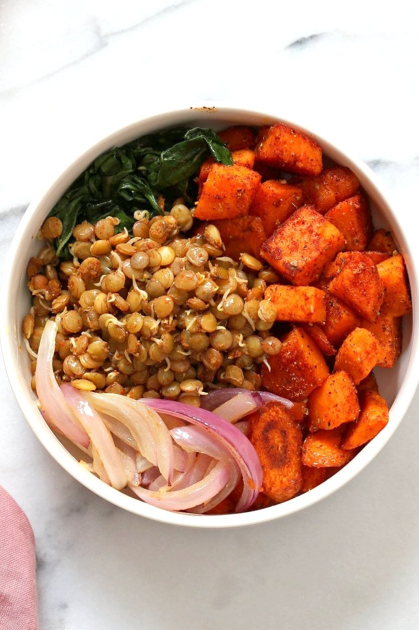 Spiced Sprouted Lentils, Cajun Roasted Sweet Potato Bowl with Veggies, Greens and Tahini Garlic Dressing. Vegan Gluten-free Soy-free Recipe. #vegan #veganricha | VeganRicha.com