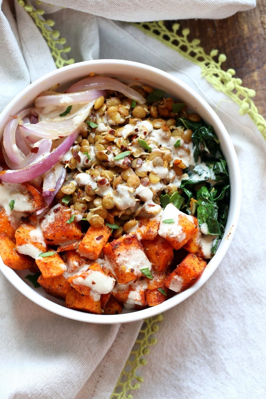 Spiced Sprouted Lentils, Cajun Roasted Sweet Potato Bowl with Veggies, Greens and Tahini Garlic Dressing. Vegan Gluten-free Soy-free Recipe. #vegan #veganricha | VeganRicha.com