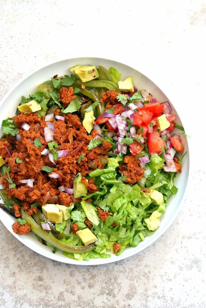 Vegan Taco Salad Bowl with Carrot Walnut Taco "Meat". Vegan Taco filling. Meatless Taco Salad. Make a wrap or tacos with it. Vegan Gluten-free Recipe. #vegan #glutenfree #vegantaco #veganricha | VeganRicha.com