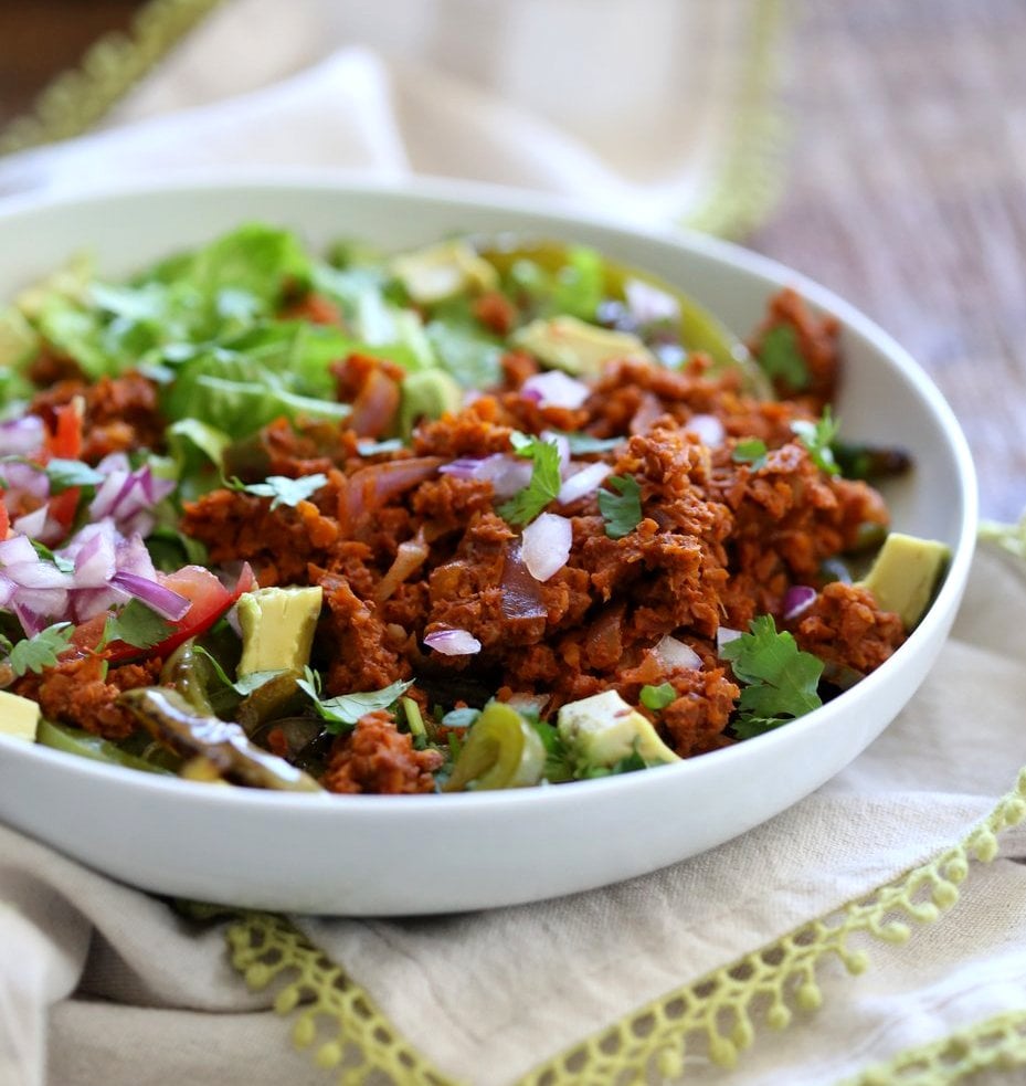 Vegan Taco Salad Bowl with Carrot Walnut Taco "Meat". Vegan Taco filling. Meatless Taco Salad. Make a wrap or tacos with it. Vegan Gluten-free Recipe. #vegan #glutenfree #vegantaco #veganricha | VeganRicha.com