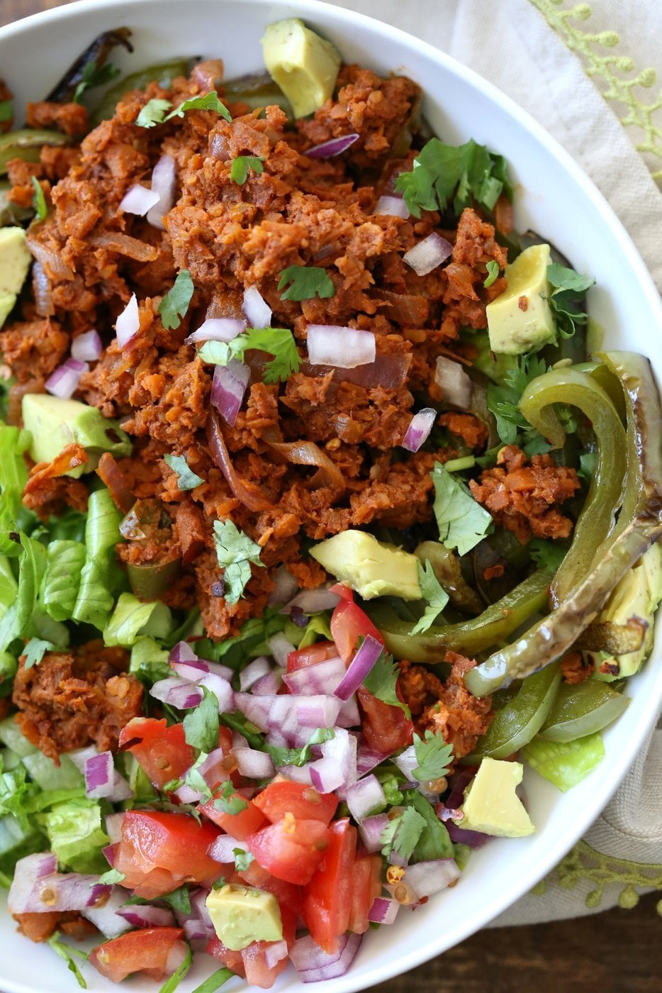 Vegan Taco Salad Bowl with Carrot Walnut Taco "Meat". Vegan Taco filling. Meatless Taco Salad. Make a wrap or tacos with it. Vegan Gluten-free Recipe. #vegan #glutenfree #vegantaco #veganricha | VeganRicha.com