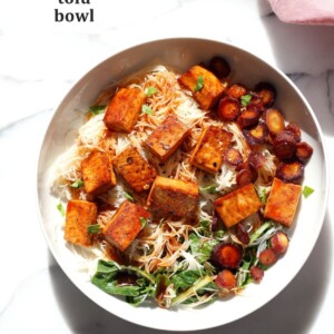 Baked Chili Garlic Tofu, Carrot, Chard and Noodle Bowls. Easy Weeknight Meal. Add some toasted cashews and other veggies of choice. #Glutenfree Nut-free #Vegan #Recipe #veganricha | VeganRicha.com