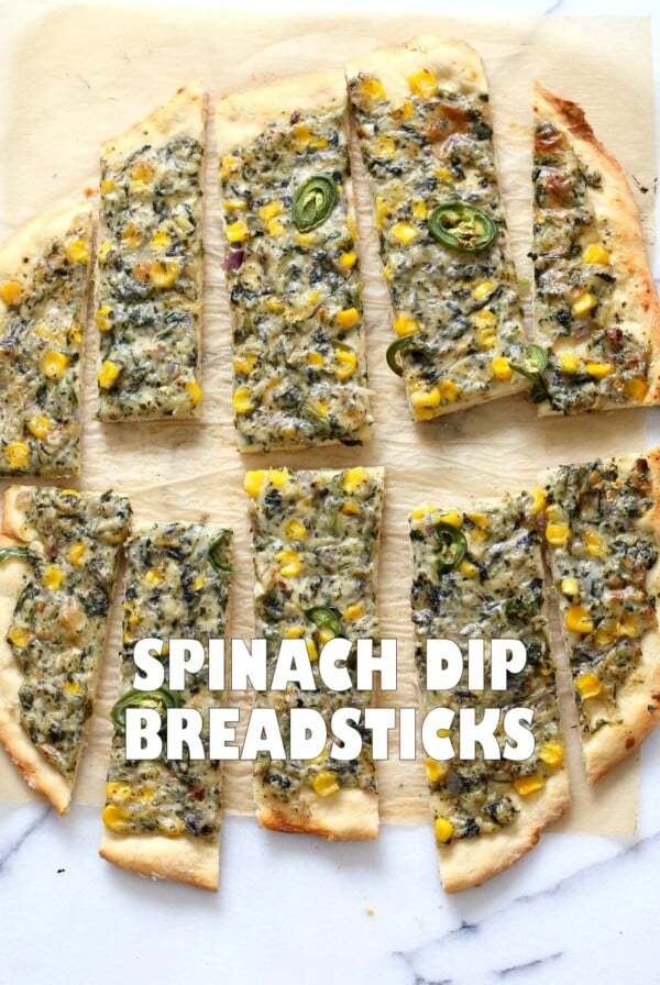 Vegan Spinach Dip Breadsticks. Creamy Corn and Spinach dip spread over pizza crust or puff pastry, bake, slice and serve. Easy Vegan Recipe. Can be gluten-free if served as a dip #vegan #veganricha #recipe #spinachdip | VeganRicha.com