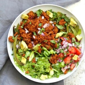 Vegan Taco Salad Bowl with Carrot Walnut Taco "Meat". Vegan Taco filling. Meatless Taco Salad. Make a wrap or tacos with it. Vegan Gluten-free Recipe.  #vegan #glutenfree #vegantaco #veganricha | VeganRicha.com