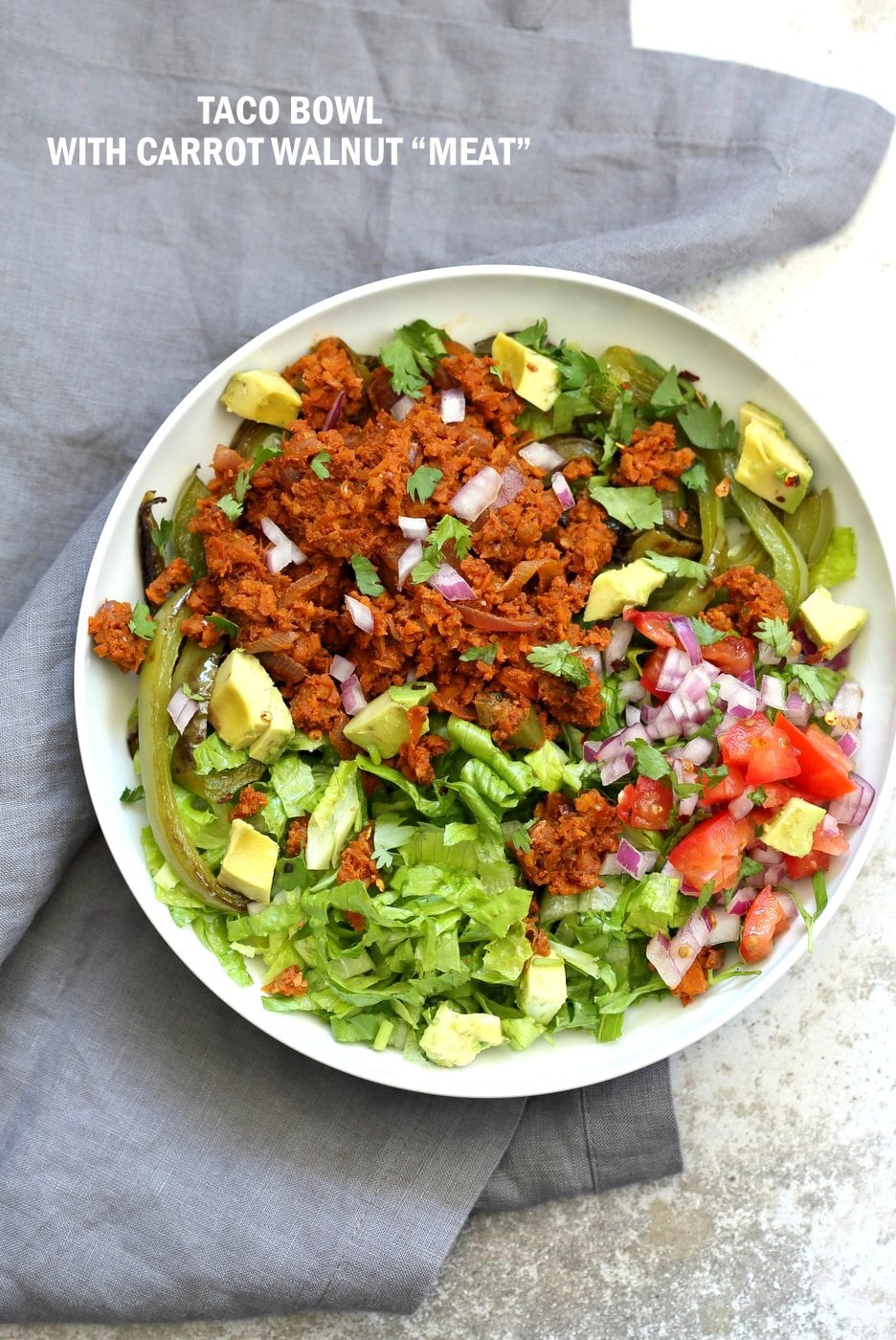 Vegan Taco Salad Bowl with Carrot Walnut Taco "Meat". Vegan Taco filling. Meatless Taco Salad. Make a wrap or tacos with it. Vegan Gluten-free Recipe. #vegan #glutenfree #vegantaco #veganricha | VeganRicha.com