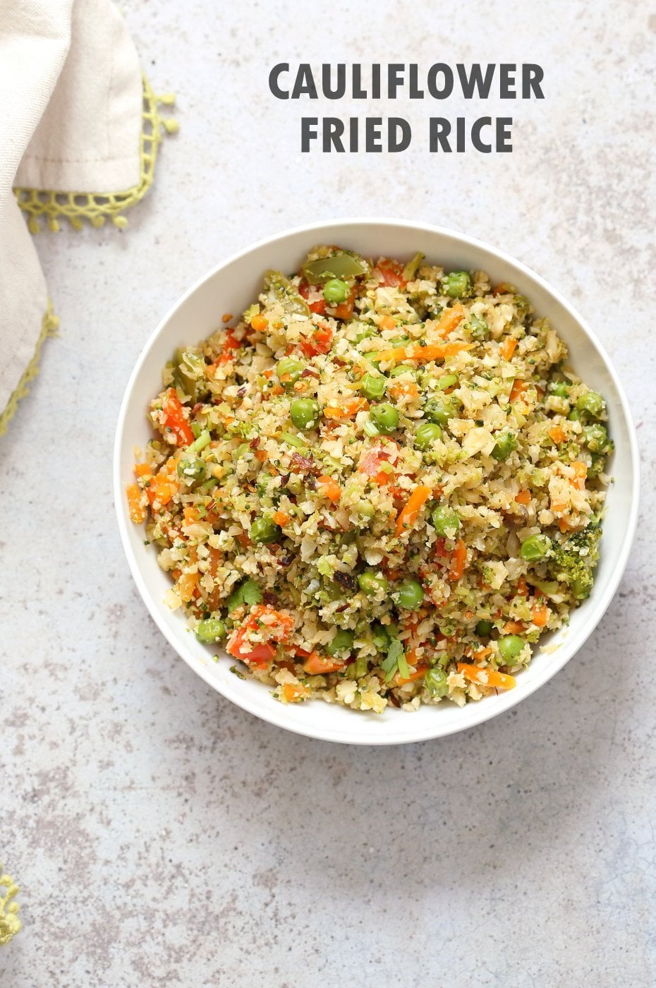 Vegan Cauliflower Fried Rice. Easy 1 Pot Fried Rice. No grains, low carb. So fluffy and so good. #Vegan #Glutenfree #Grainfree #Nutfree #Recipe #veganricha | VeganRicha.com