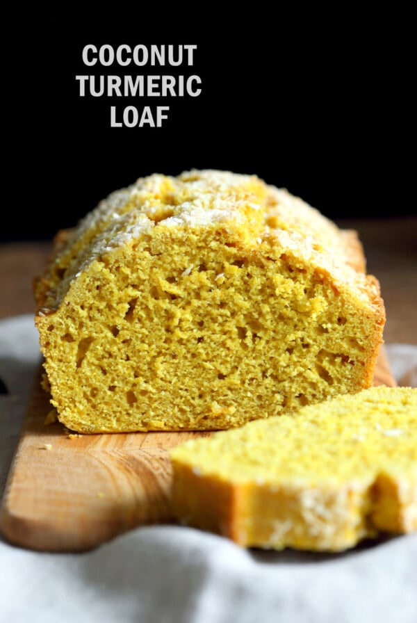 Easy 1 Bowl Coconut Turmeric Bread. Soft and Delicious 1 Bowl Golden Lemon Coconut loaf. No added oil in this cake. #Vegan #Nutfree Soyfree #Oilfree #Recipe. #veganricha | VeganRicha.com