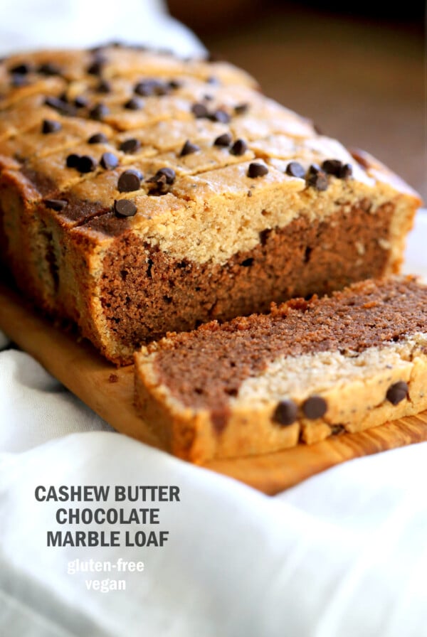 Gluten-free Cashew Butter Chocolate Marble Cake Vegan Gluten free Cake. Peanut butter chocolate marble loaf. Soft, Moist, Delicious and Easy Gluten-free Marble Cake. Soy-free gum-free Recipe.ย #vegan #glutenfree #veganricha | VeganRicha.com