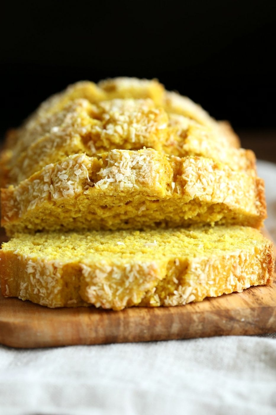 Easy 1 Bowl Coconut Turmeric Bread. Soft and Delicious 1 Bowl Golden Lemon Coconut loaf. No added oil in this cake. #Vegan #Nutfree Soyfree #Oilfree #Recipe. #veganricha | VeganRicha.com