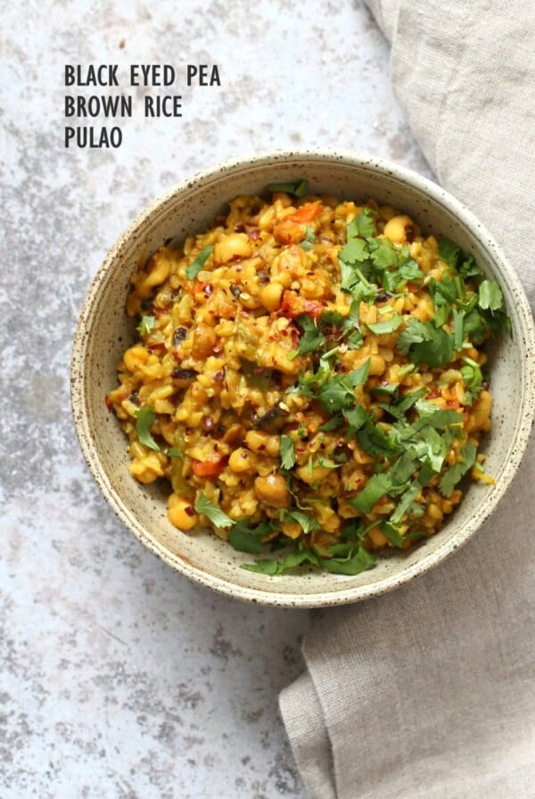 Instant Pot Black Eyed Peas Rice Pulao - Brown Rice Lobia Pulao. Black Eyes Peas and Rice cooked with spies and veggies. Saucepan option. #Vegan #Glutenfree #1Pot #Nutfree #Soyfree #instantpot #Recipe #VeganRicha | VeganRicha..com