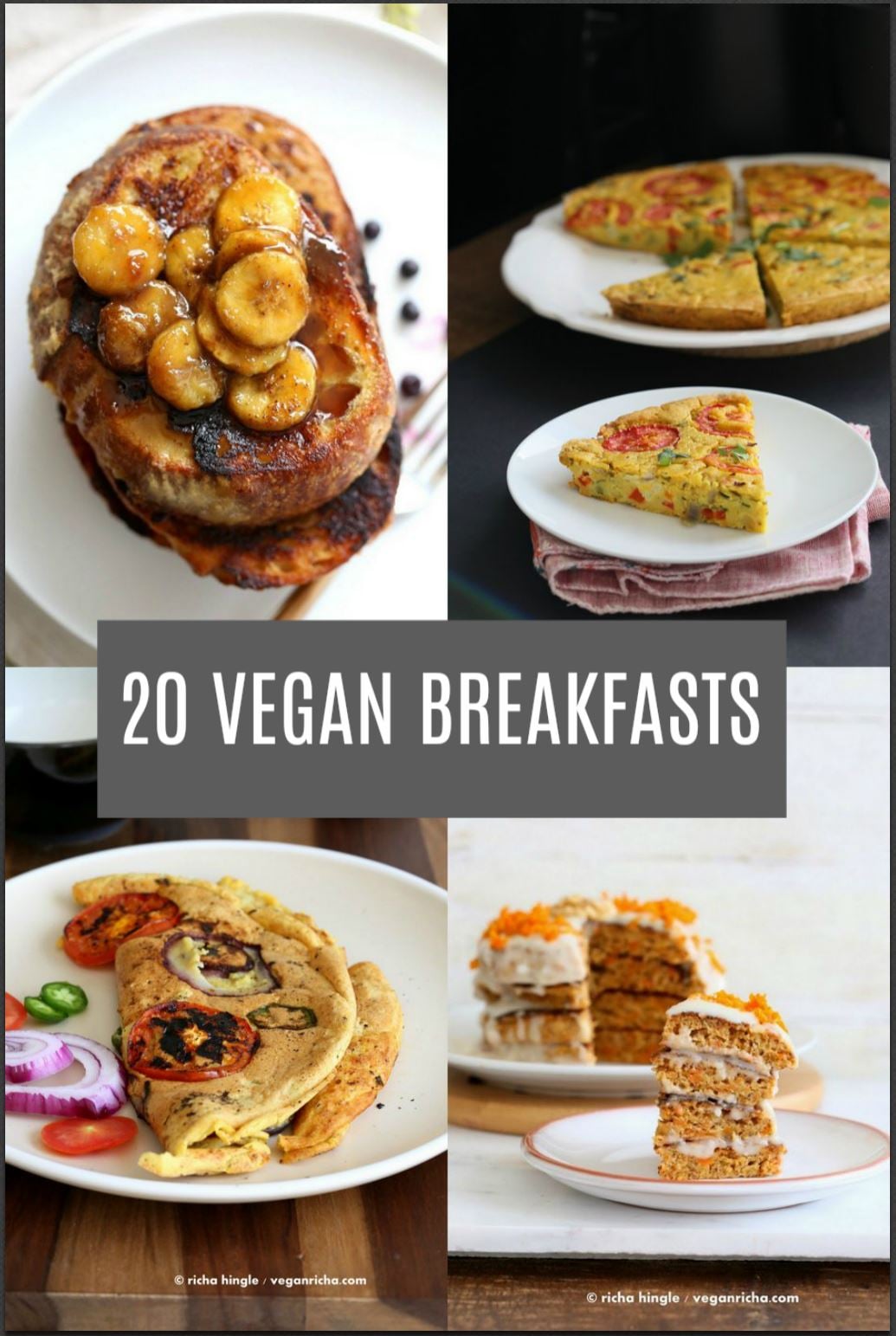 20 Delicious Vegan Breakfast Recipes. Savory and Sweet Breakfast Ideas for everyday vegan Breakfasts or brunch. Gluten-free Soy-free options.ย Scrambles, Frittata, French Toasts, Pancakes, burritos, Avocado toast, donuts, chickpea omelets! something for everyone. #vegan #veganricha #veganbreakfast | VeganRicha.com
