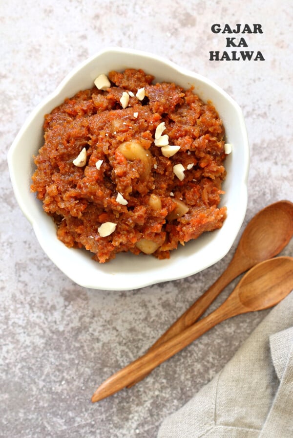 Instant Pot Gajar Halwa - Vegan Carrot Halwa Recipe. Carrot Halwa is an Indian dessert, a flourless Carrot Cake Crumble/pudding that is spiced with cardamom and served during festivals. Vegan Gluten-free Soy-free Recipe.