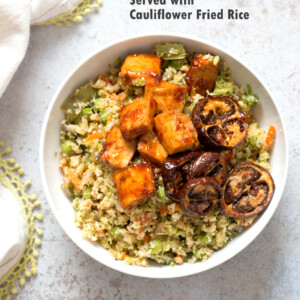Eggplant & Tofu in Soy Lime Sauce - Baked Eggplant stir fry. Easy 1 Pot meal. Add other veggies of choice. #Vegan #Glutenfree #Nutfree #veganricha #Recipe | VeganRicha.com