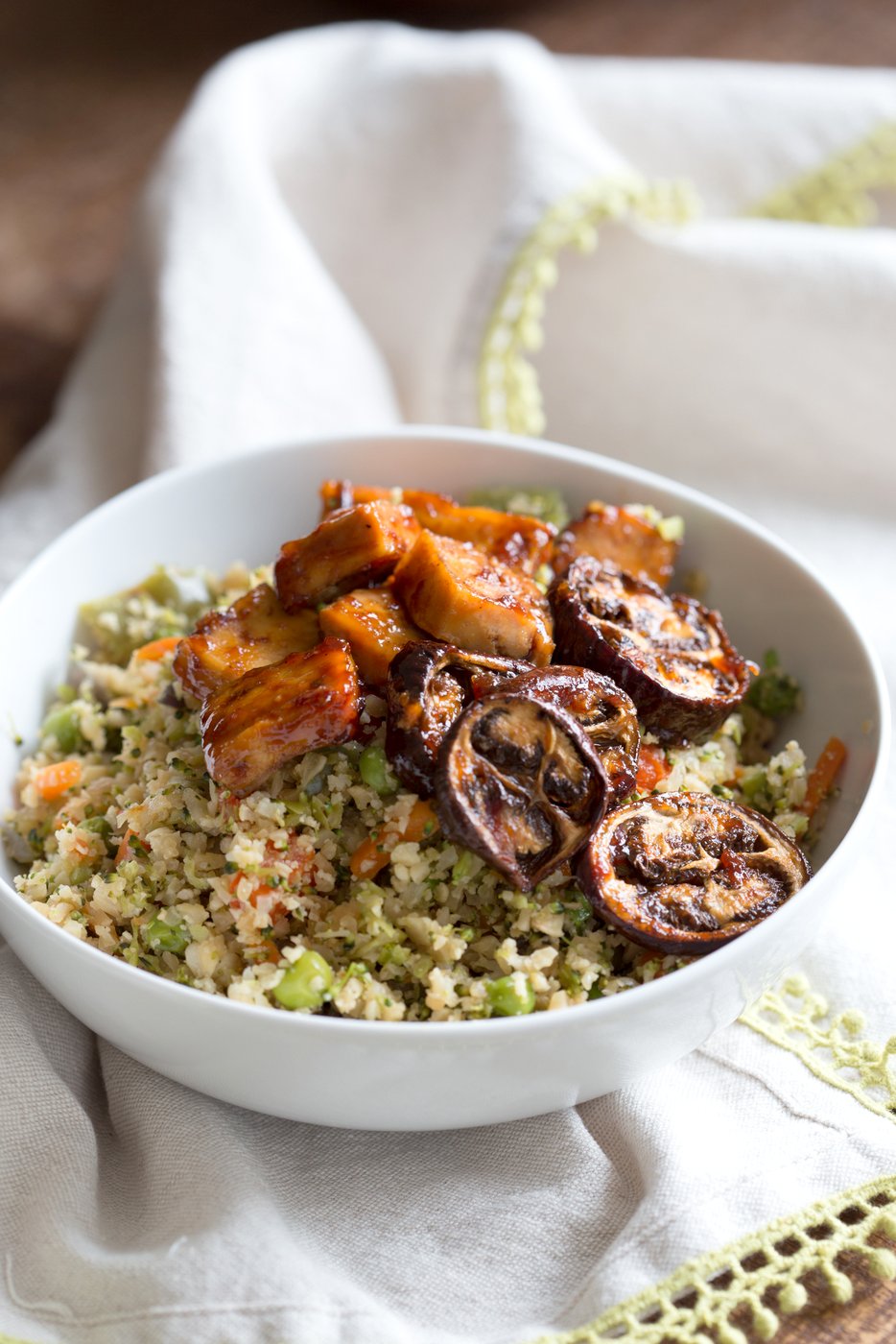 Eggplant & Tofu in Soy Lime Sauce - Baked Eggplant stir fry. Easy 1 Pot meal. Add other veggies of choice. #Vegan #Glutenfree #Nutfree #veganricha #Recipe | VeganRicha.com