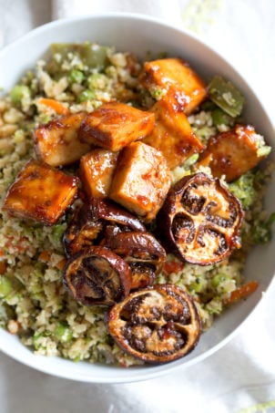 Eggplant & Tofu in Soy Lime Sauce - Baked Eggplant stir fry. Easy 1 Pot meal. Add other veggies of choice. #Vegan #Glutenfree #Nutfree #veganricha #Recipeย | VeganRicha.com