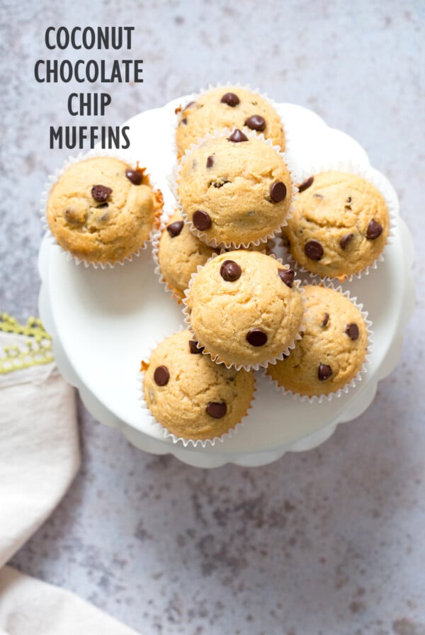 Vegan Chocolate Chip Muffins with coconut. These Soft, moist and chocolatey muffins take just a few minutes and have no added oil. #Vegan #Nutfree #Soyfree #Recipe #veganricha Use dried fruit instead of chocolate to make #oilfree | VeganRicha.comÂ