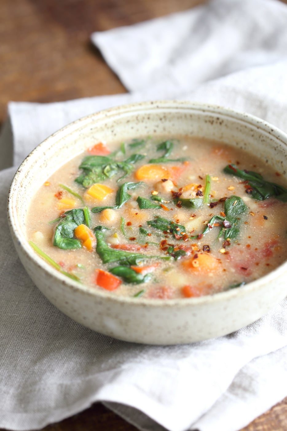 Veggie Chickpea Potato Soup in Instant Pot. Creamy Potato Chickpea Spinach soup. Saucepan option. #Vegan #Glutenfree #Soyfree #Nutfree #Recipe #veganricha | VeganRicha.com