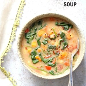 Veggie Chickpea Potato Soup in Instant Pot. Creamy Potato Chickpea Spinach soup. Saucepan option. #Vegan #Glutenfree #Soyfree #Nutfree #Recipe #veganricha | VeganRicha.com
