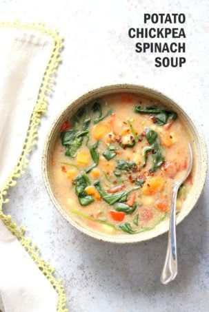 Veggie Chickpea Potato Soup in Instant Pot. Creamy Potato Chickpea Spinach soup. Saucepan option. #Vegan #Glutenfree #Soyfree #Nutfree #Recipe #veganrichaย | VeganRicha.com