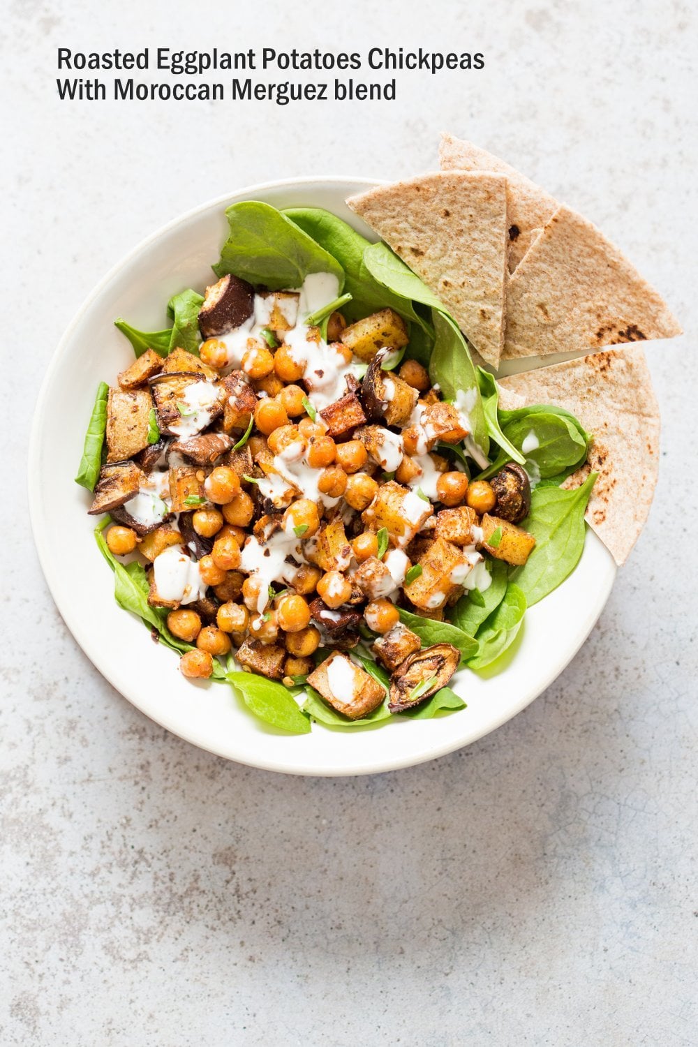 Roasted Eggplant Potatoes Chickpeas with Moroccan Merguez seasoning. Veggies tossed in cumin, pepper, cinnamon, paprika blend, roasted then served with tahini dressing. 1 Pan Sheet-pan Dinner! #Vegan #Glutenfree #soyfree #Recipe #veganricha | VeganRicha.com