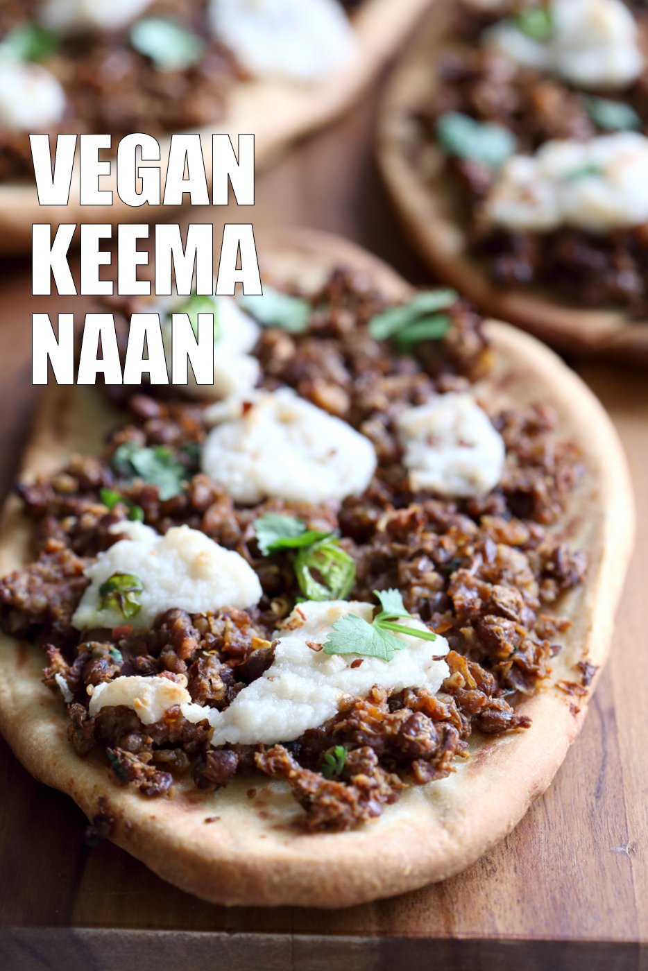 Vegan Keema Naan with Keema Lentils, onion, carrots and walnuts. These lentils with the herbs and spices make a vegan version of keema. Serve over Naan bread or Pizza or fill tacos or wraps. #Vegan #Recipe #veganricha, Can be gluten-free and soy free. | VeganRicha,com
