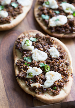 Vegan Keema Naan with Keema Lentils, onion, carrots and walnuts. These lentils with the herbs and spices make a vegan version of keema. Serve over Naan bread or Pizza or fill tacos or wraps. #Vegan #Recipe #veganricha, Can be gluten-free and soy free. | VeganRicha,com