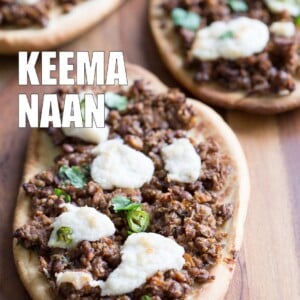 Vegan Keema Naan with Keema Lentils, onion, carrots and walnuts. These lentils with the herbs and spices make a vegan version of keema. Serve over Naan bread or Pizza or fill tacos or wraps. #Vegan #Recipe #veganricha, Can be gluten-free and soy free. | VeganRicha,com