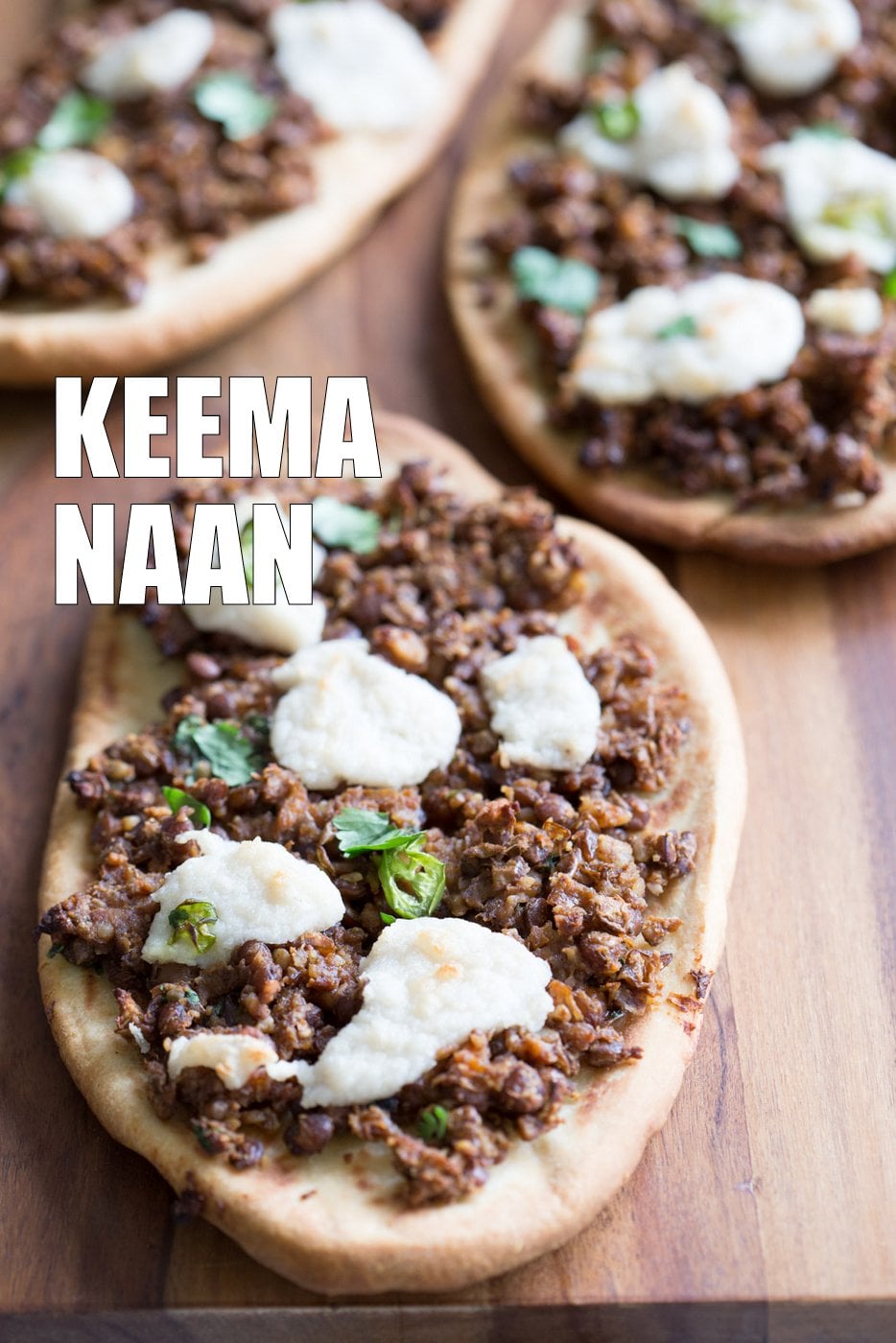 Vegan Keema Naan with Keema Lentils, onion, carrots and walnuts. These lentils with the herbs and spices make a vegan version of keema. Serve over Naan bread or Pizza or fill tacos or wraps. #Vegan #Recipe #veganricha, Can be gluten-free and soy free. | VeganRicha,com