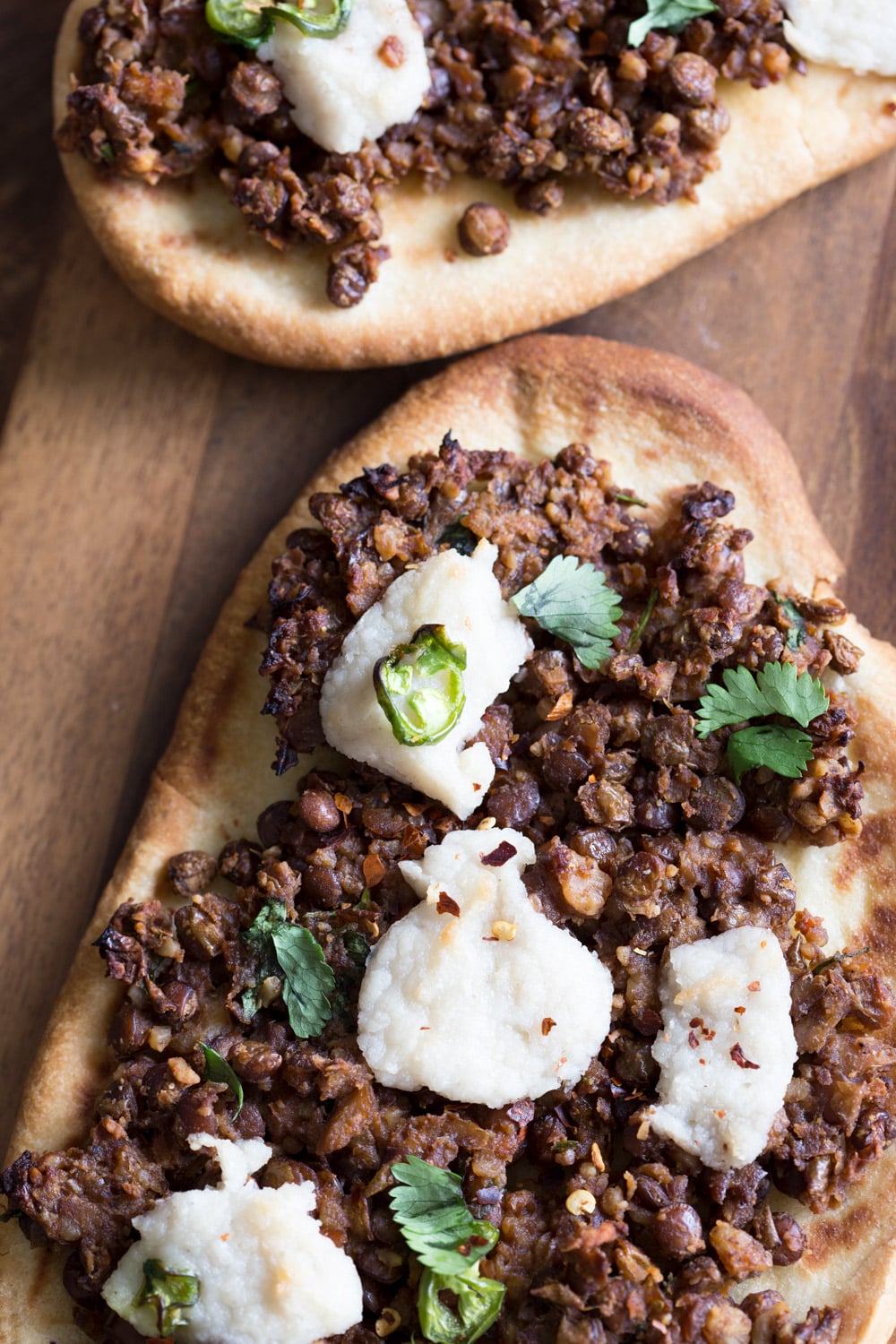 Vegan Keema Naan with Keema Lentils, onion, carrots and walnuts. These lentils with the herbs and spices make a vegan version of keema. Serve over Naan bread or Pizza or fill tacos or wraps. #Vegan #Recipe #veganricha, Can be gluten-free and soy free. | VeganRicha,com
