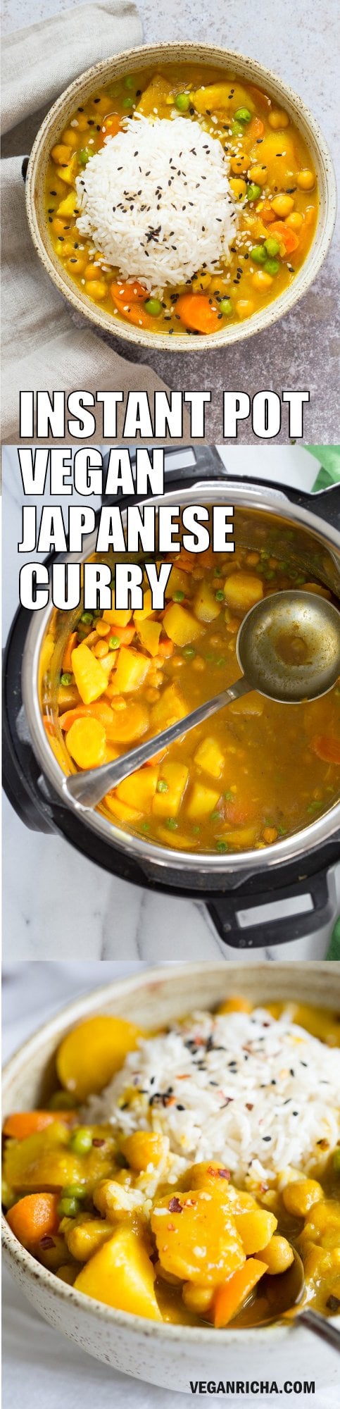Vegan Japanese Curry made in Instant Pot Pressure cooker. Flavorful, Comforting, Vegetable Rich Curry for Weekday Dinner. Saucepan Option. #Vegan, #veganricha #glutenfree, #nutfree #Recipe. Can be #soyfree #oilfree | VeganRicha.com
