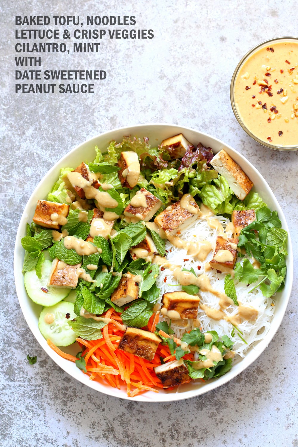 Crunchy Veggie Vegan Summer Rolls Deconstructed into a Bowl. Served with Peanut Butter Dipping Sauce. Fresh Spring Rolls/ Rice paper rolls in a bowl. Make a bowl, wrap or fill up rice paper wrappers. #Vegan #Glutenfree #Recipe #veganricha Use Sunbutter to make #nutfree | VeganRicha.com