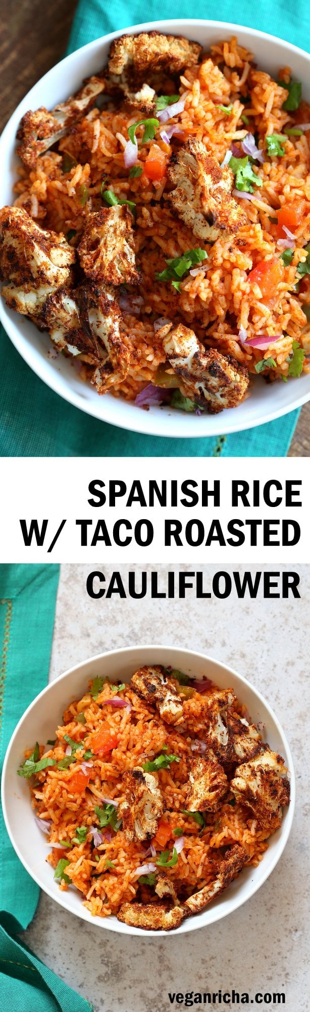 Easy Vegan Spanish Rice Bowl with Taco Roasted Cauliflower. Everyday Meal with everyday ingredients. Make into burrito. 30 Mins Easily Oilfree #veganricha #Vegan #Glutenfree #Nutfree #Soyfree #Recipe | VeganRicha.com
