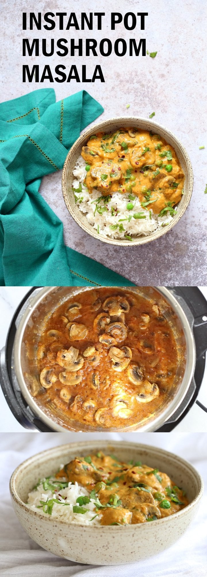 Instant Pot Mushroom Masala. Easy Mushrooms and peas in Creamy Sauce made in an Instant Pot. Add chickpeas for a hearty meal. #Vegan #Gluten-free #Soyfree #Recipe. Can be #nutfree #VeganRicha