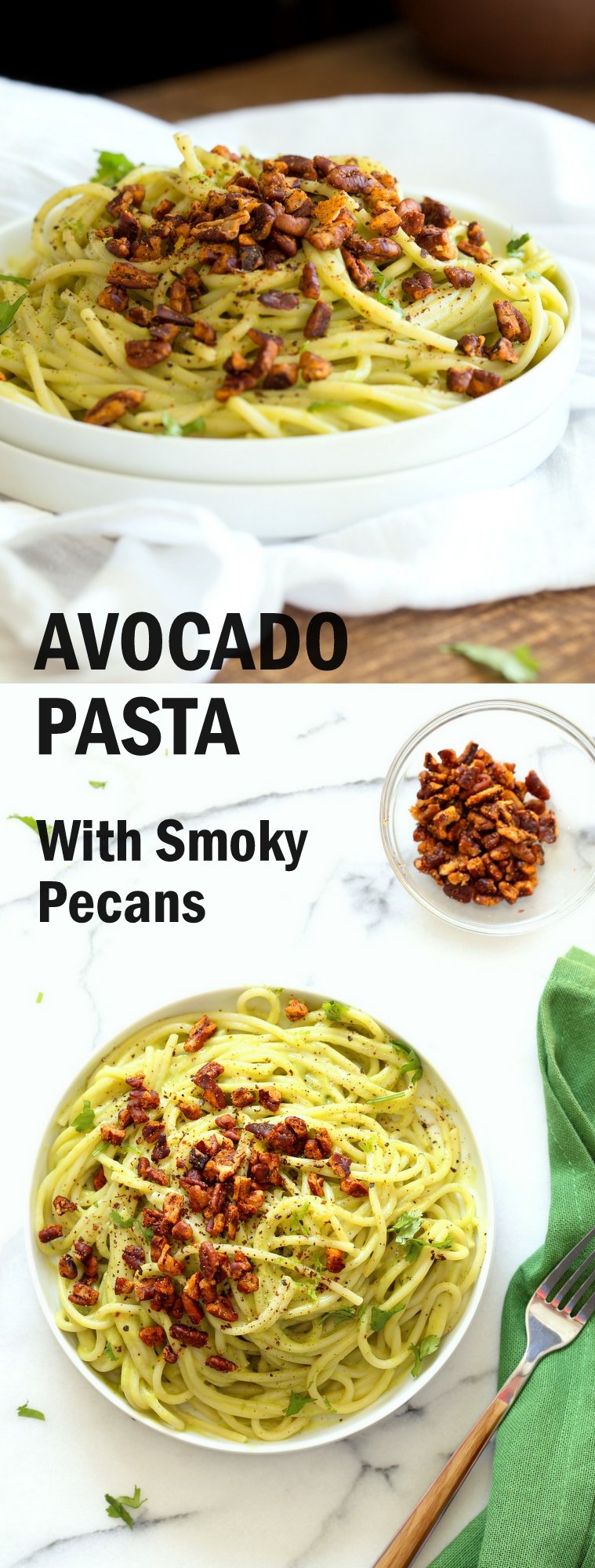 Vegan Avocado Pasta with Smoky Pecans. This 20 Minute Creamy Avocado Basil Sauce is great over spaghetti or zoodles. Serve with smoky spicy pecans for amazing flavor. #Vegan #Soyfree #Recipe. Can be #nutfree. #veganricha | VeganRicha.com