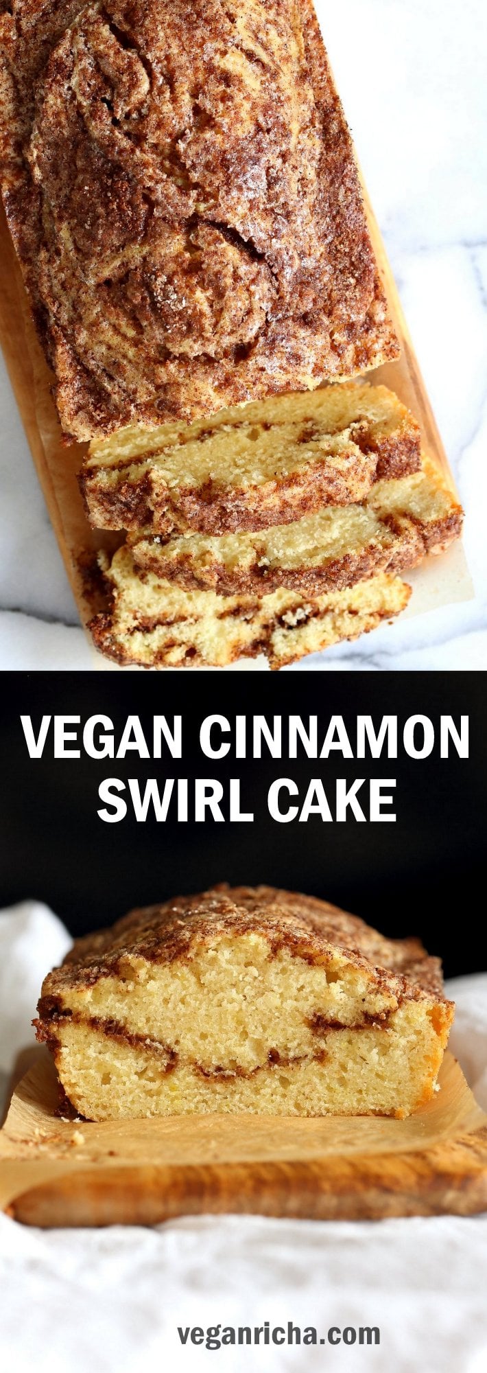 This Vegan Cinnamon Swirl Cake is super Easy and Quick. A simple yellow cake, swirled with cinnamon sugar makes for a delightful treat. Glutenfree option. Add some nuts into the swirl for variation #Vegan #Nutfree #Soyfree #Dessert #Recipe #veganricha | VeganRicha.com
