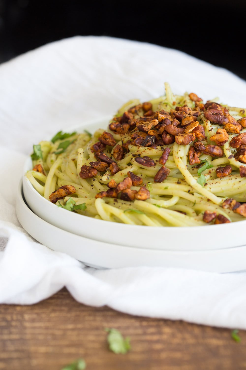 Avocado Pasta with Smoky Pecans. This 20 Minute Creamy Avocado Basil Sauce is great over spaghetti or zoodles. Serve with smoky spicy pecans for amazing flavor. #Vegan #Soyfree #Recipe. Can be #nutfree. #veganricha | VeganRicha.com
