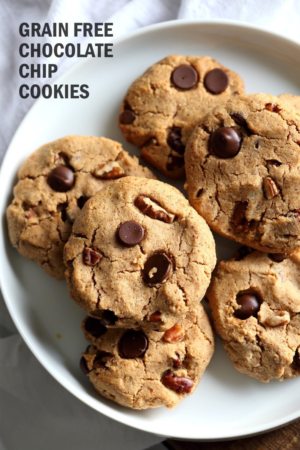 Vegan Paleo Grain free Chocolate Chip Cookies with Coconut flour and Almond Butter. These fudgy cookies are a perfect treat or snack. No refined oil and no refined sugar. 6 Ingredients #Vegan #Glutenfree #Grainfree #paleo #Recipe #veganricha | VeganRicha.com
