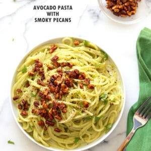 Avocado Pasta with Smoky Pecans. This 20 Minute Creamy Avocado Basil Sauce is great over spaghetti or zoodles. Serve with smoky spicy pecans for amazing flavor. #Vegan #Soyfree #Recipe. Can be #nutfree. #veganricha | VeganRicha.com