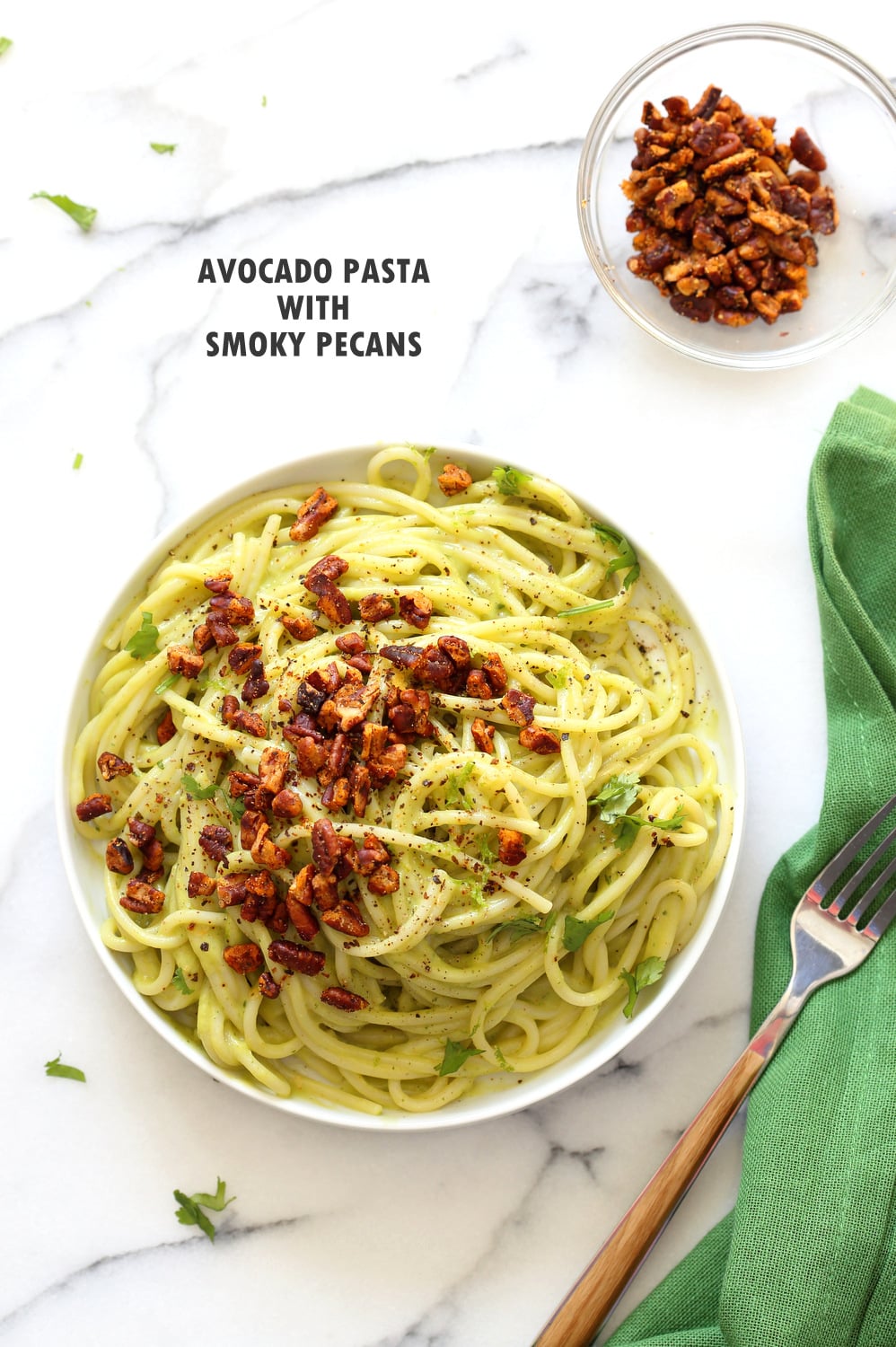 Avocado Pasta with Smoky Pecans. This 20 Minute Creamy Avocado Basil Sauce is great over spaghetti or zoodles. Serve with smoky spicy pecans for amazing flavor. #Vegan #Soyfree #Recipe. Can be #nutfree. #veganricha | VeganRicha.com