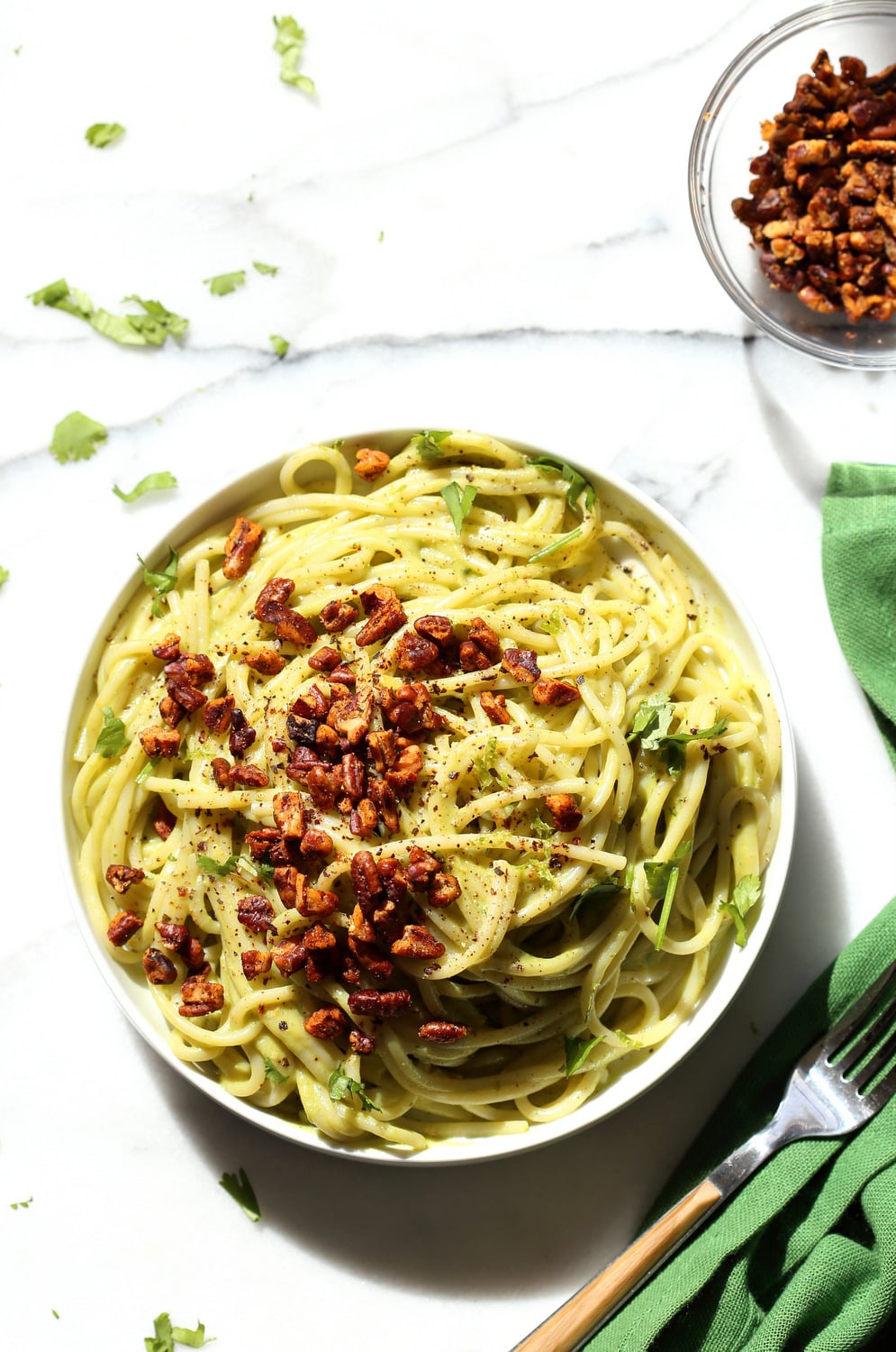Avocado Pasta with Smoky Pecans. This 20 Minute Creamy Avocado Basil Sauce is great over spaghetti or zoodles. Serve with smoky spicy pecans for amazing flavor. #Vegan #Soyfree #Recipe. Can be #nutfree. #veganricha | VeganRicha.com