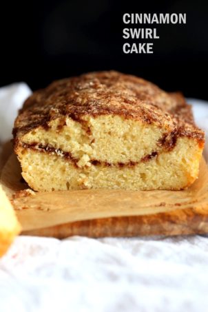 This Vegan Cinnamon Swirl Cake is super Easy and Quick. A simple yellow cake, swirled with cinnamon sugar makes for a delightful treat. Add some nuts into the swirl for variation #Vegan #Nutfree #Soyfree #Dessert #Recipe #veganricha | VeganRicha.com