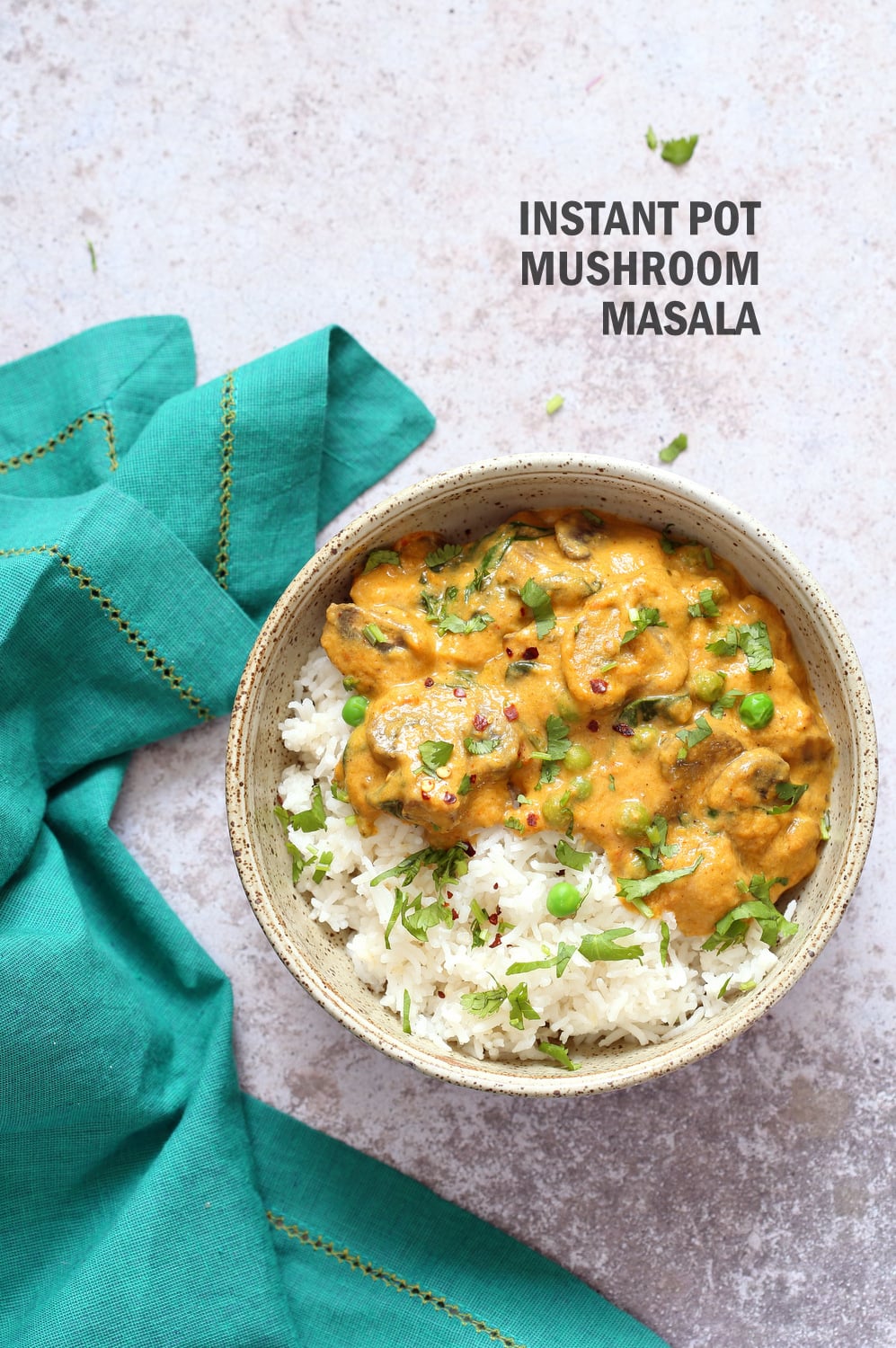 Instant Pot Mushroom Masala. Easy Mushrooms and peas in Creamy Sauce made in an Instant Pot. Add chickpeas for a hearty meal. #Vegan #Gluten-free #Soyfree #Recipe. Can be #nutfree #VeganRicha