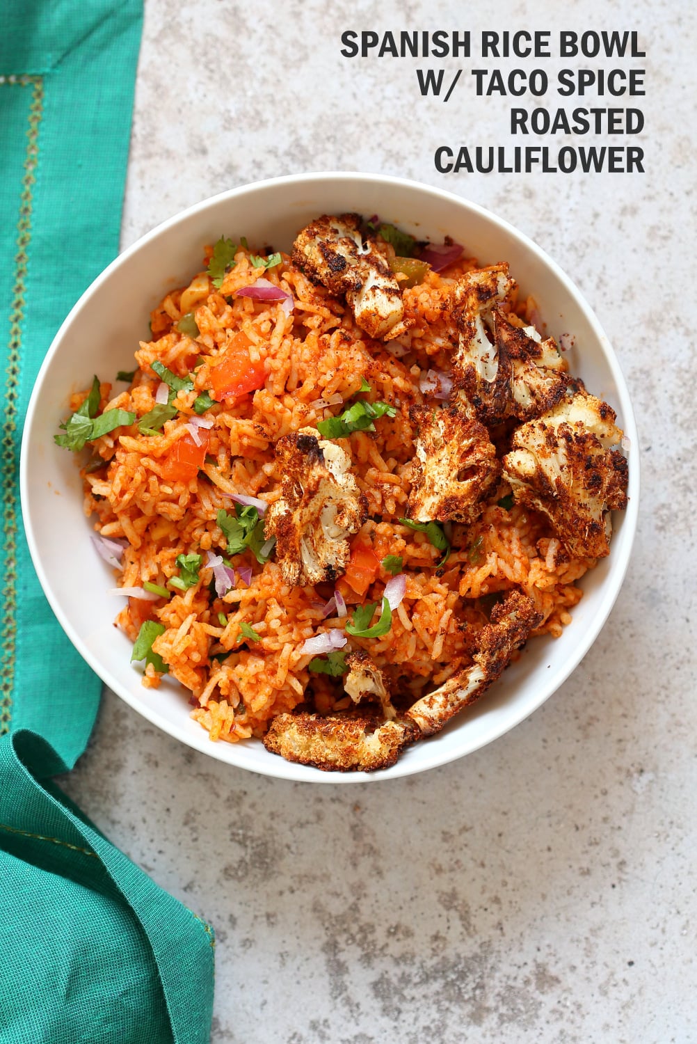 Easy Vegan Spanish Rice Bowl with Taco SpiceRoasted Cauliflower. Everyday Meal with everyday ingredients. Make into Burrito or wraps. 30 Mins! Easily made #oilfree #veganricha #Vegan #Glutenfree #Nutfree #Soyfree #Recipe | VeganRicha.com